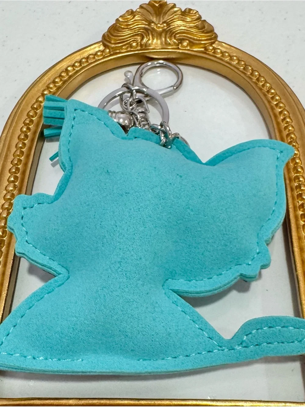 New Turquoise Crystal Cat Keychain with Orange Accents